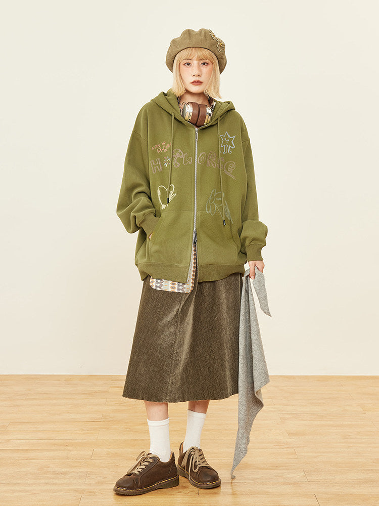 Print Zip Olive Hoodie Placket Kawaii Hood - Drawstring Green Letter Two-way