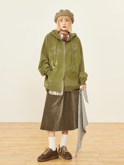 Print Zip Olive Hoodie Placket Kawaii Hood - Drawstring Green Letter Two-way