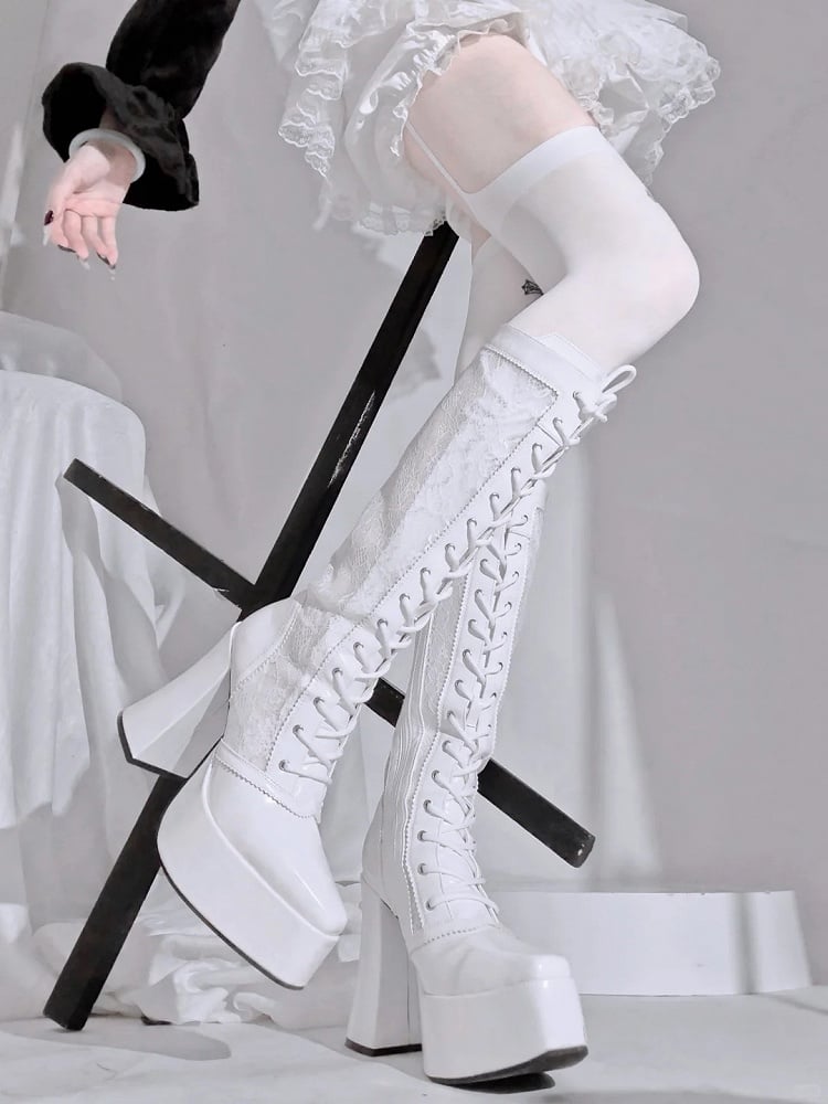 ゴシックホワイトフロントレースアップタイレースプラットフォームハイブロックヒールニーハイブーツ