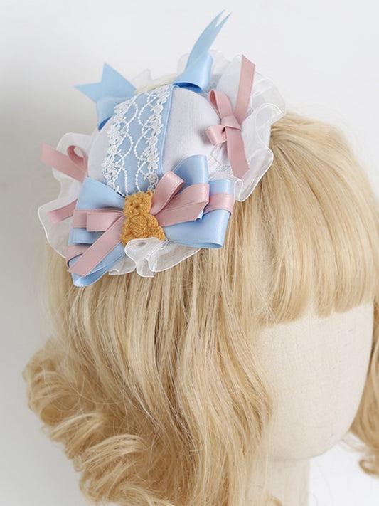 Gorgeous Lace Blue Lolita With Hat Decoration Mini Bear Pink Bowknot