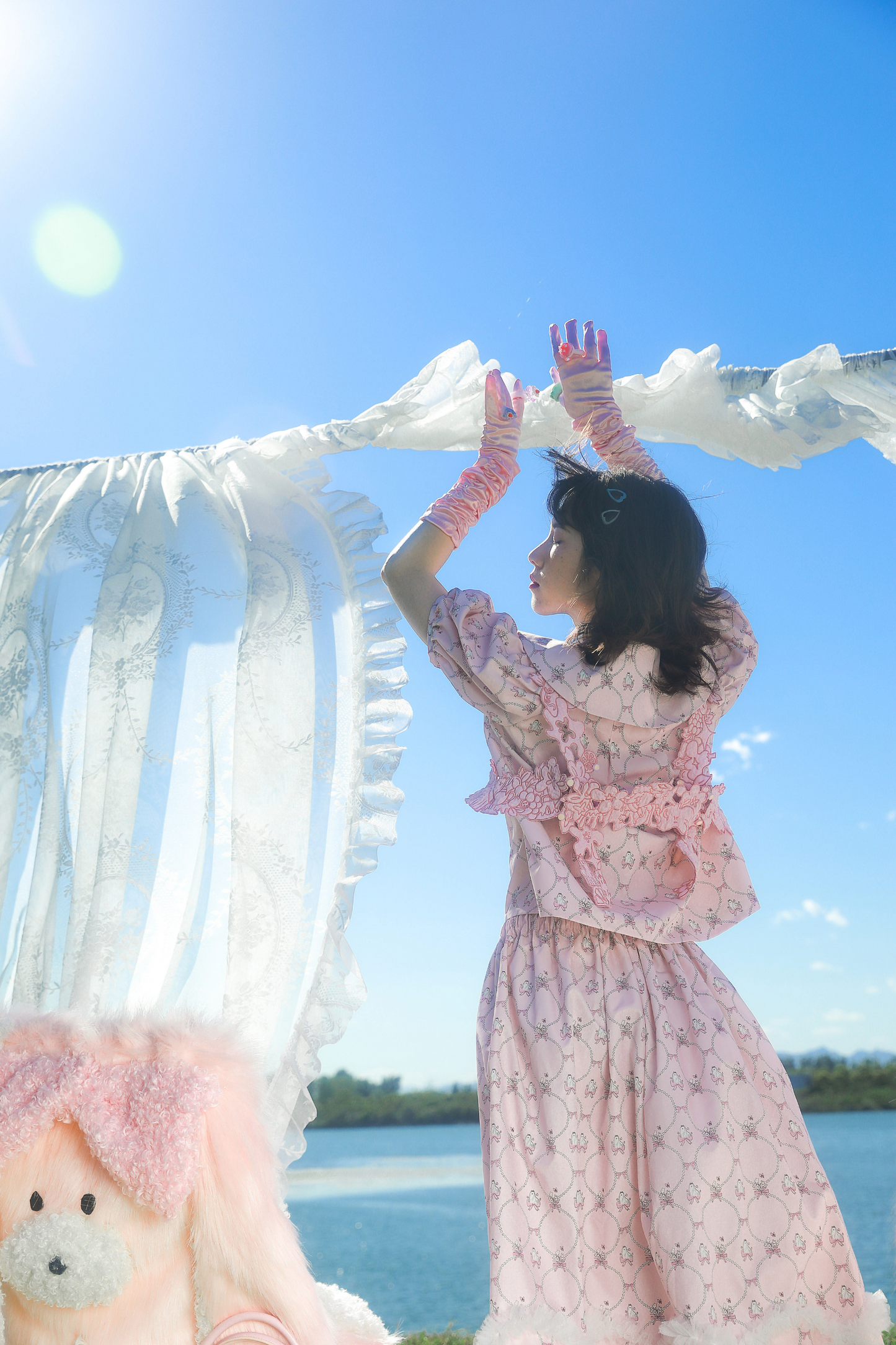 メッシュパールウェーブプリントピンクアニマルスカート