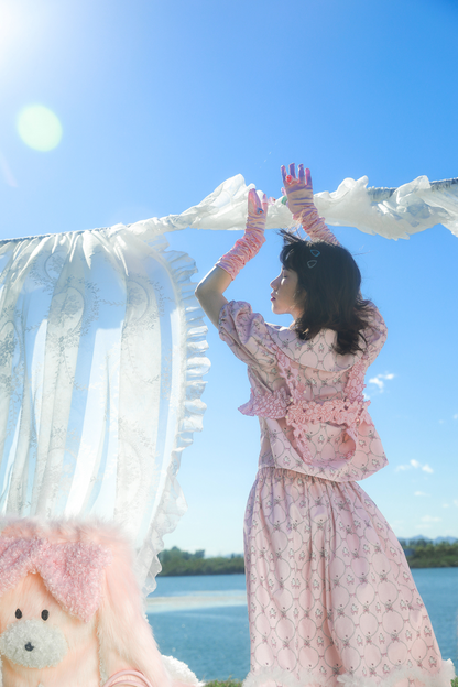 メッシュパールウェーブプリントピンクアニマルスカート