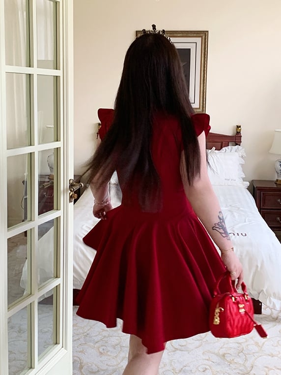 Plus Size V-Ausschnitt Kleid Flatterärmel Große Schleife Vorne Rot