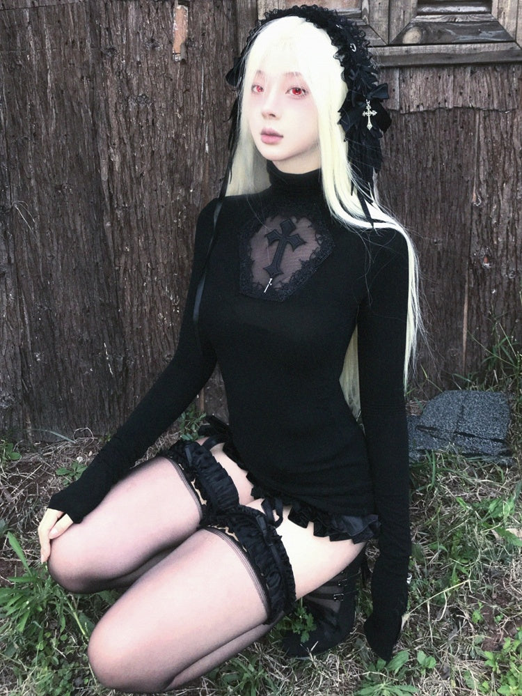 Coffin Sleeves Crosses Cutout High Top Adorned Black Neck Gothic Long