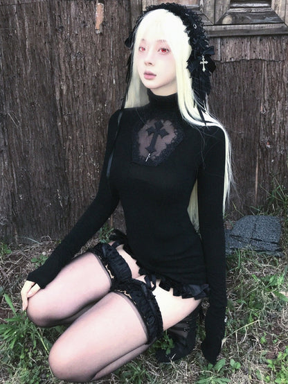 Coffin Sleeves Crosses Cutout High Top Adorned Black Neck Gothic Long
