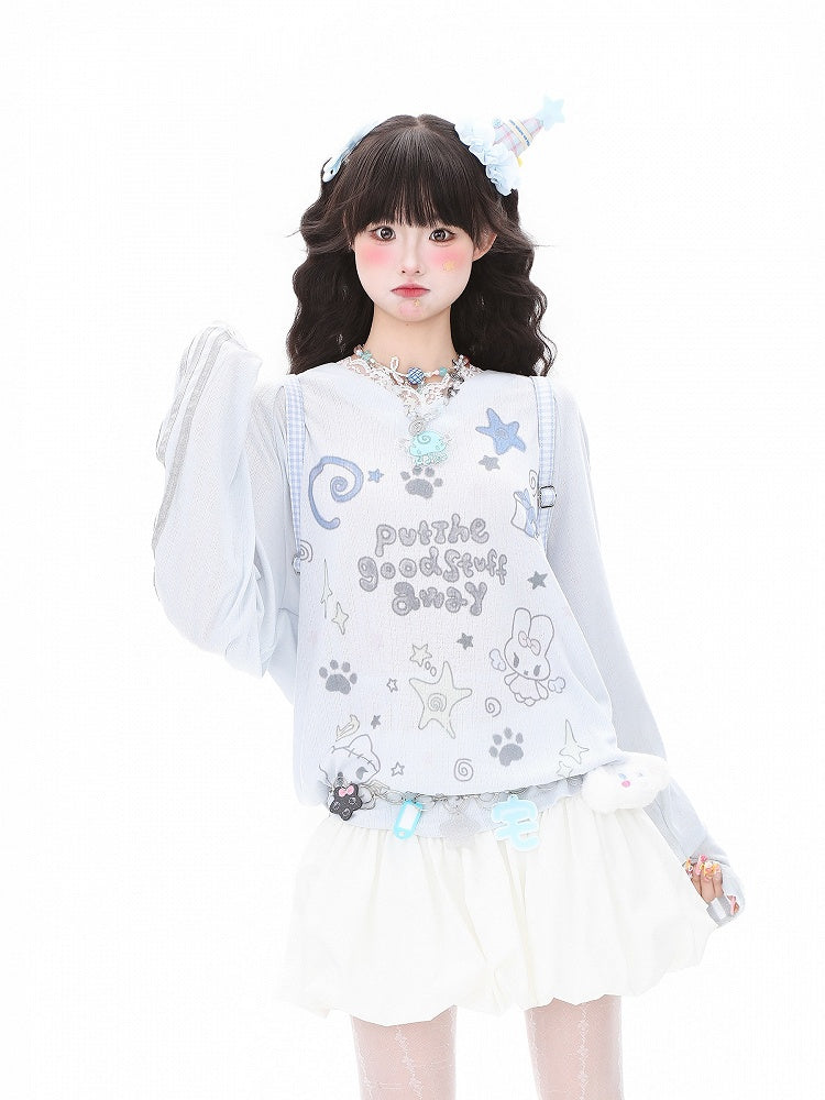 Lace and Sleeve Top Adorable Print Long Trim Letter White/Blue V-Neck with