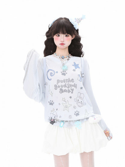 Lace and Sleeve Top Adorable Print Long Trim Letter White/Blue V-Neck with