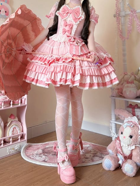 Kleid Pink Sweet Lolita Kurzes Stück Ein Ärmel Schleife Akzente