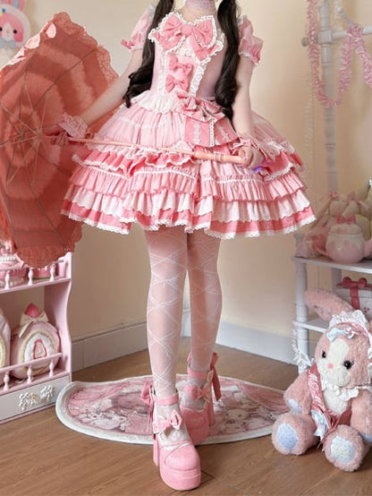 Kleid Pink Sweet Lolita Kurzes Stück Ein Ärmel Schleife Akzente