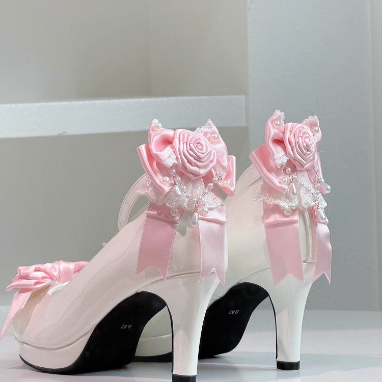 Bow Lolita Details for Snap Heels PU White Pink Decorative - Elegant Heart-shaped High