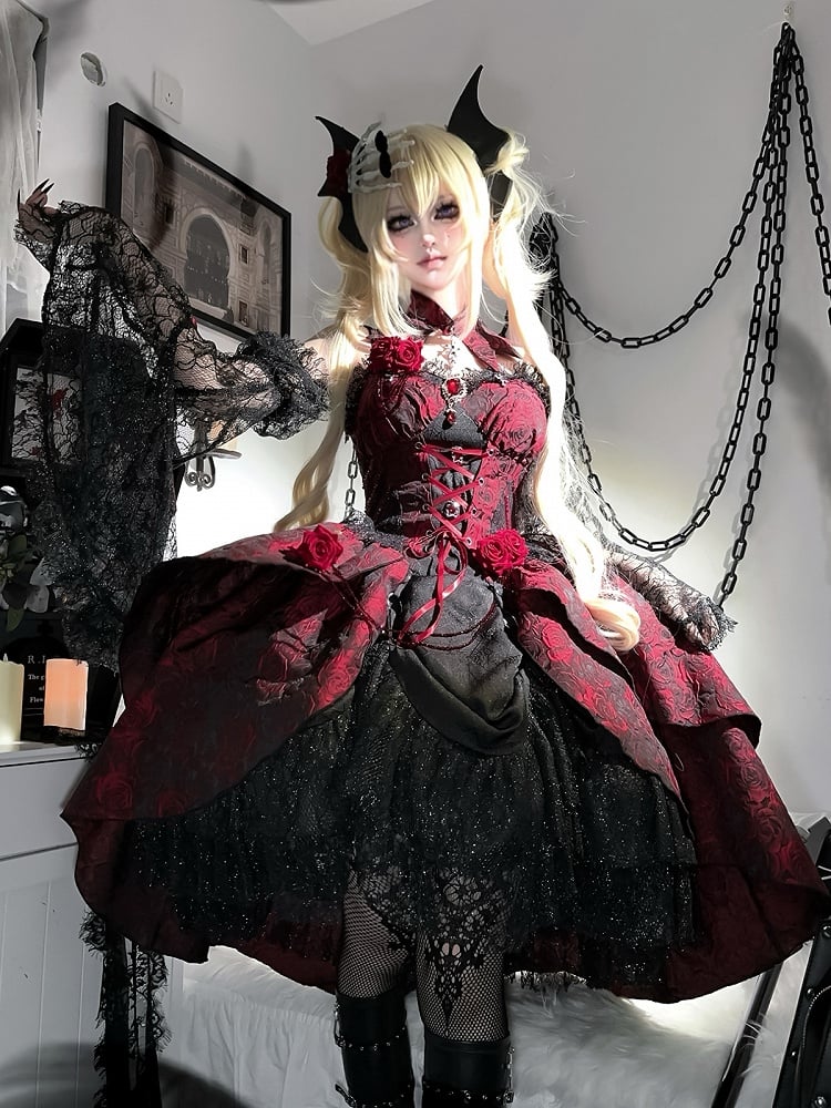 Black and Red Gothic Rosette Fabric High-low Skirt Dress Lolita JSK with Sleeves and Collar