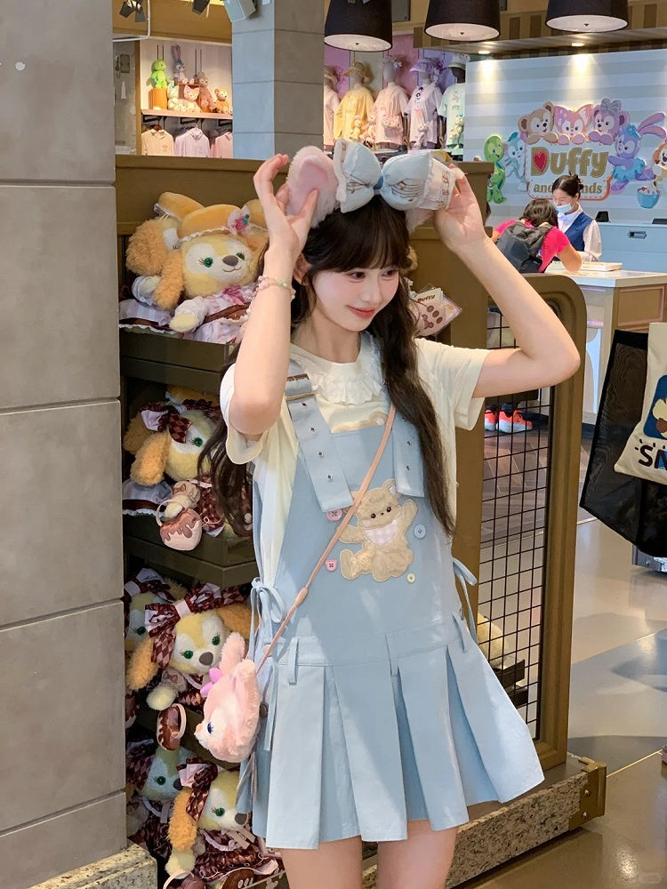 Adjustable Plush Bear Applique Blue Box Pleat Overall Dress Straps Shoulder