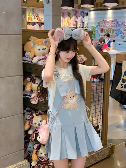 Verstellbare Plüschbär-Applikation, blaue Kellerfalte, Overall, Kleid, Träger, Schulter