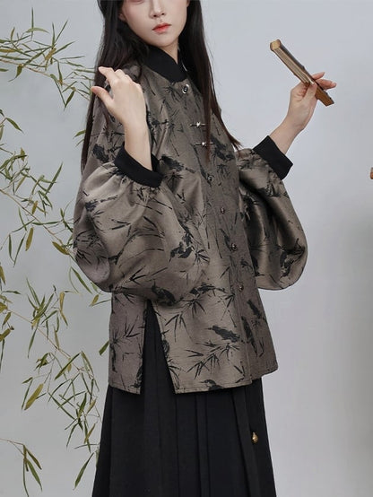 Banded Unisex with Blouse Sleeves Bamboo Pipa Grey Print Style Chinese Collar -