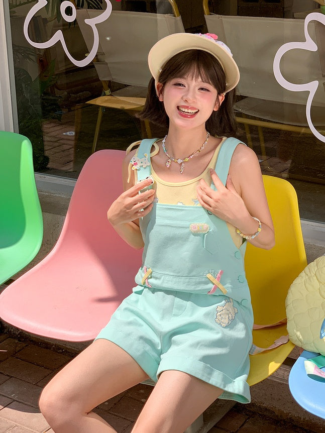 Shorts Overall Mint Green Cartoon Puppy Embroidery Straight-leg Cut