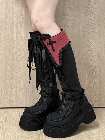 Gothic Red & Black Platform Knee-high Boots with Dual Closure, Studded Accents & Ruffle Trim | GURURU