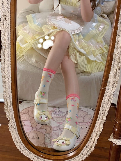 with Cute Toe - Heels Rabbit Lolita Accents Low Design for Strap Light Round Yellow Flower Details Bow