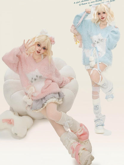 ライトブルー/ピンクのキュートな猫柄ふわふわVネックホルターセーター