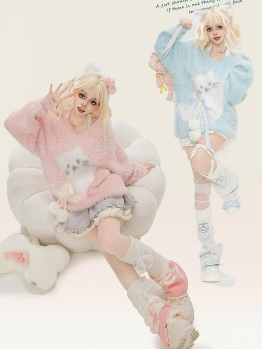 ライトブルー/ピンクのキュートな猫柄ふわふわVネックホルターセーター