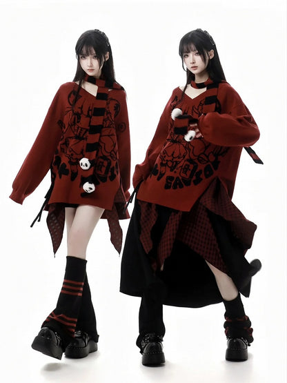 Roter Strickpullover mit V-Ausschnitt und Cartoon-Muster