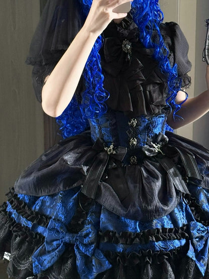 Gothic Puff Sleeve Shirt with Spider Cross, Black & Blue - Pear Island Sweet Tea