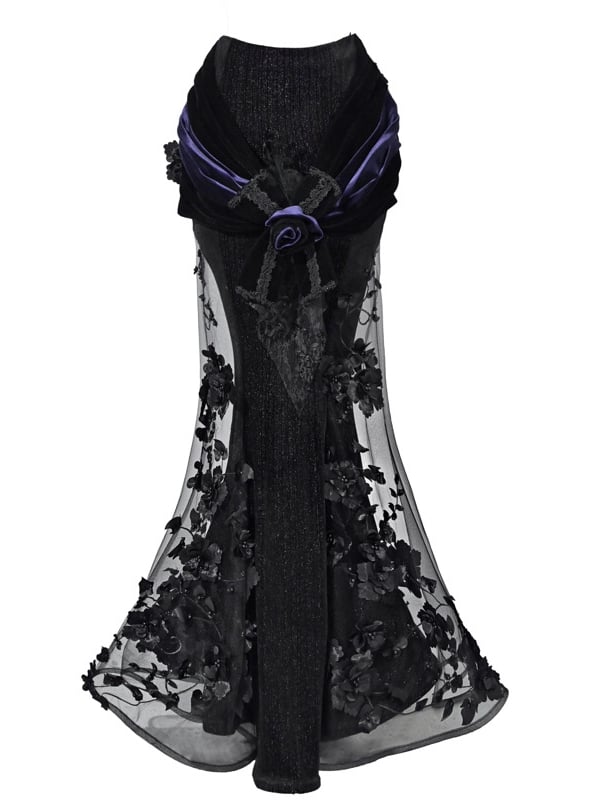Mesh Accent with Flower Bow Black Mermaid Skirt Rose Beaded Shimmering Panels Purple