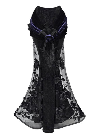 Mesh Accent with Flower Bow Black Mermaid Skirt Rose Beaded Shimmering Panels Purple
