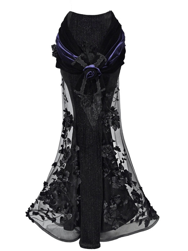 Beaded Flower Mesh Shimmering Black Mermaid Skirt Purple Rose Bow - Blood Supply