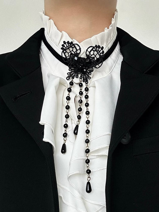 Elegant Choker Teardrop Ouji Necklace Bead Black Pendant Flower Chains with Lace Lolita