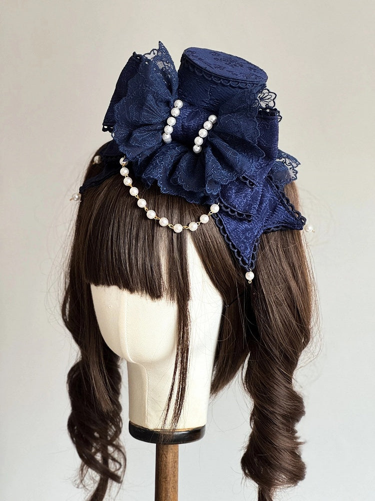 Blue Chain Navy Mini Lolita (Lace Accents) Hat Pearl