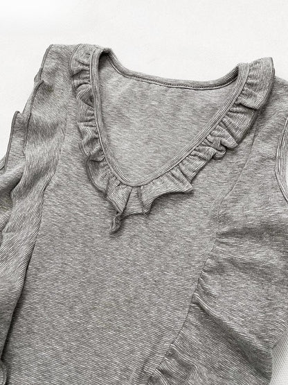 Y2K Sleeveless Gray Ruffle Trim V-Neck Design Glamorous Top