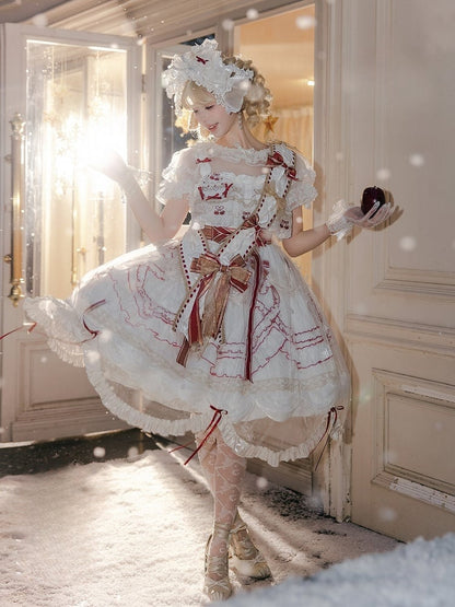 Bowknots Scalloped Red White Edge and Dress Cherry Lolita Embroidered with Overlay Trim Hime
