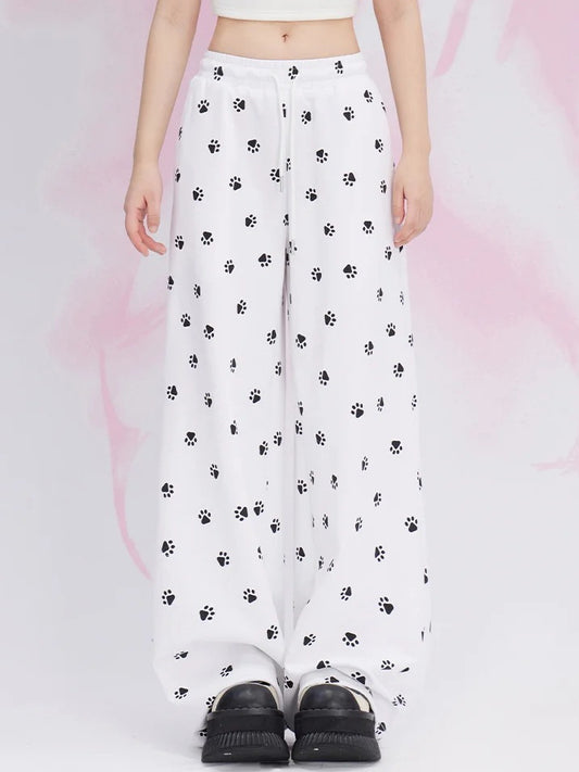 Weiße Freizeithose mit Katzenpfoten-Muster und geradem Bein