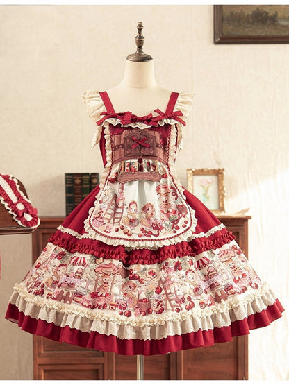 Sweet Red Lolita Jumper Dress with Fruity Print and Lace Trim - Honey Machine