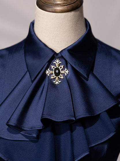 Royal Blue Pleated Bodice Shirt with Foldover Collar and Ruffle Cuffs - DevilInspired Exclusive Collection
