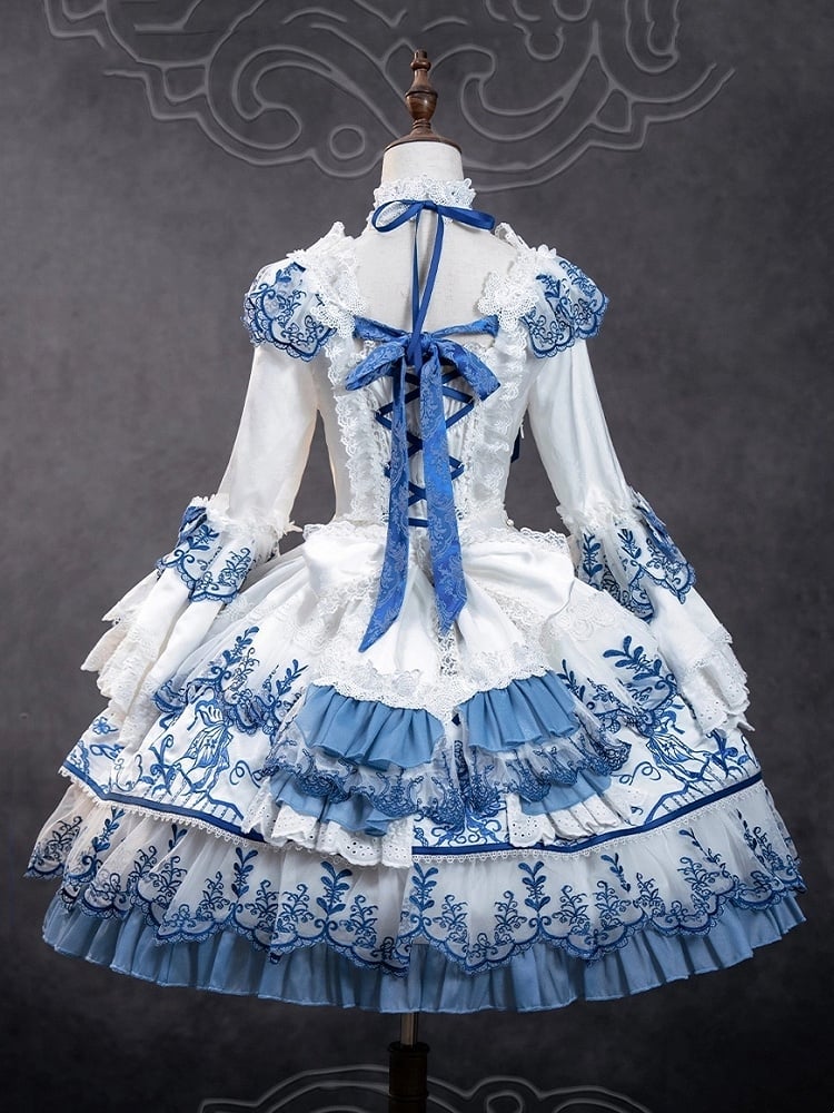 Blue Porcelain Butterfly Chinoiserie and Embroidery White Fabric