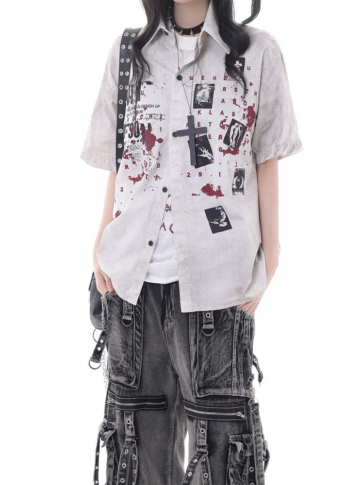 White Short Sleeve Shirt with Graffiti Print - KNOW8 Online Shop