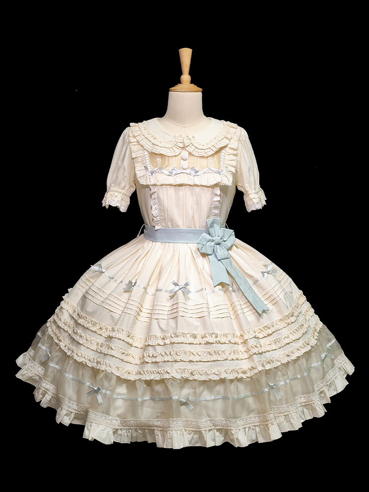 Kleid Schleife Kragen Lolita Grün Beige Baumwolle und Mint Pan Akzente Peter