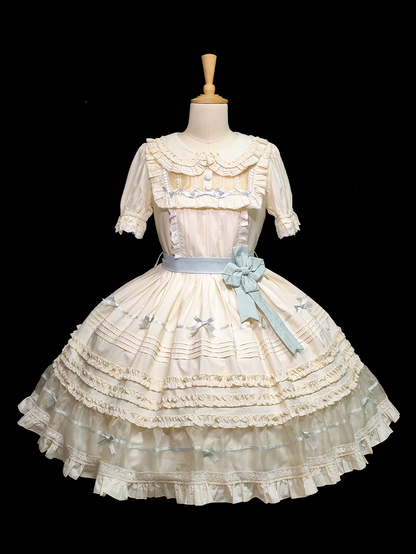 Kleid Schleife Kragen Lolita Grün Beige Baumwolle und Mint Pan Akzente Peter