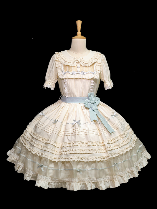 Kleid Schleife Kragen Lolita Grün Beige Baumwolle und Mint Pan Akzente Peter