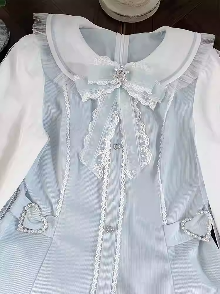 Blue Peter Pan Collar Mini Dress+Ruffled Set- Light Shorts Jirai Kei Hem