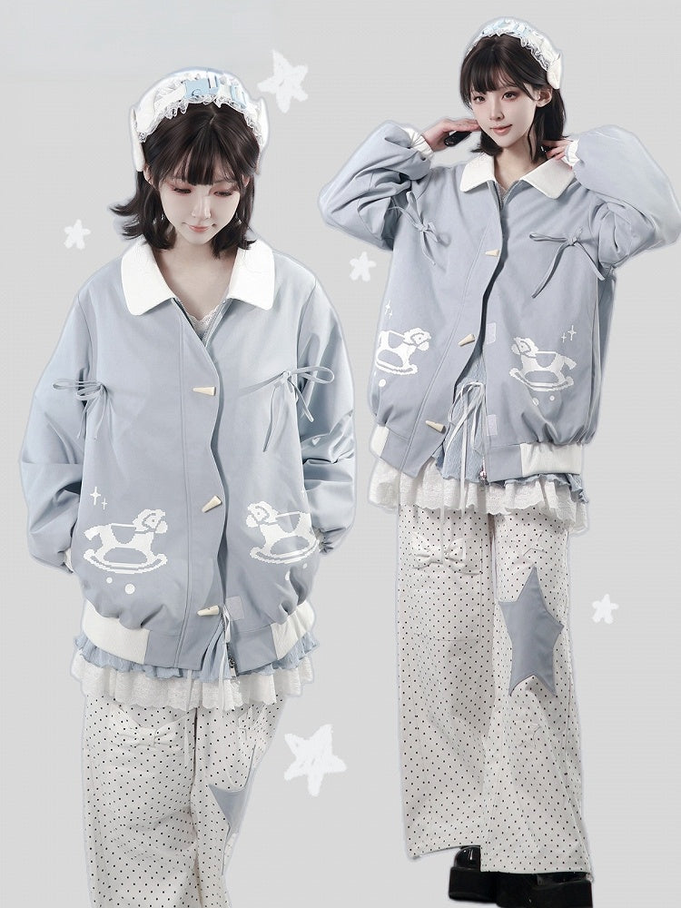 Light Blue Scalloped Placket Jacket with Rocking Horse Print & Toggle Buttons for Fall Winter - PINK SAVIOR