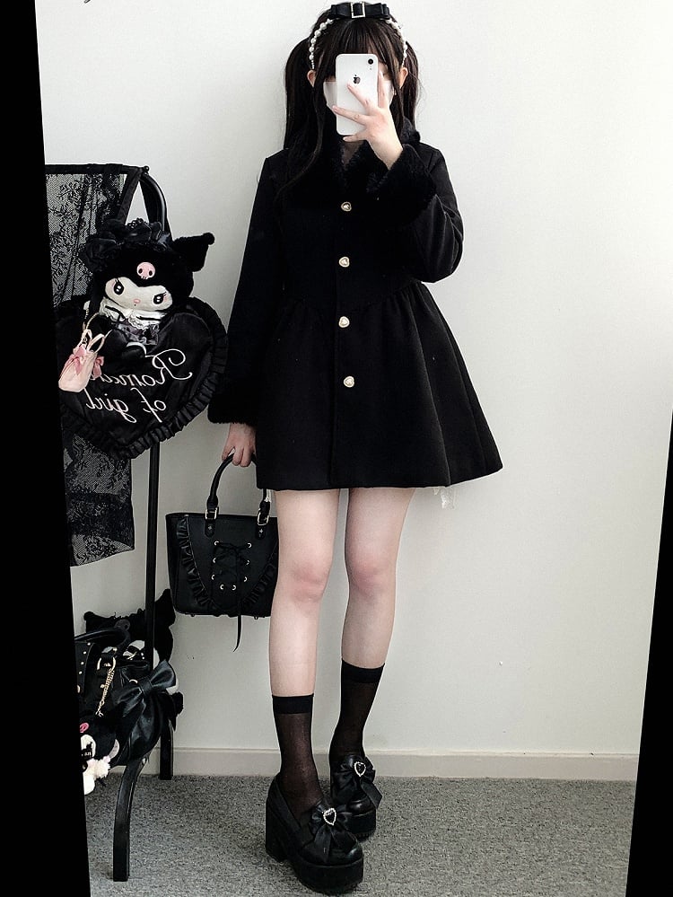 Pink Jirai Kei Wool Coat with Plush Collar and Cuffs