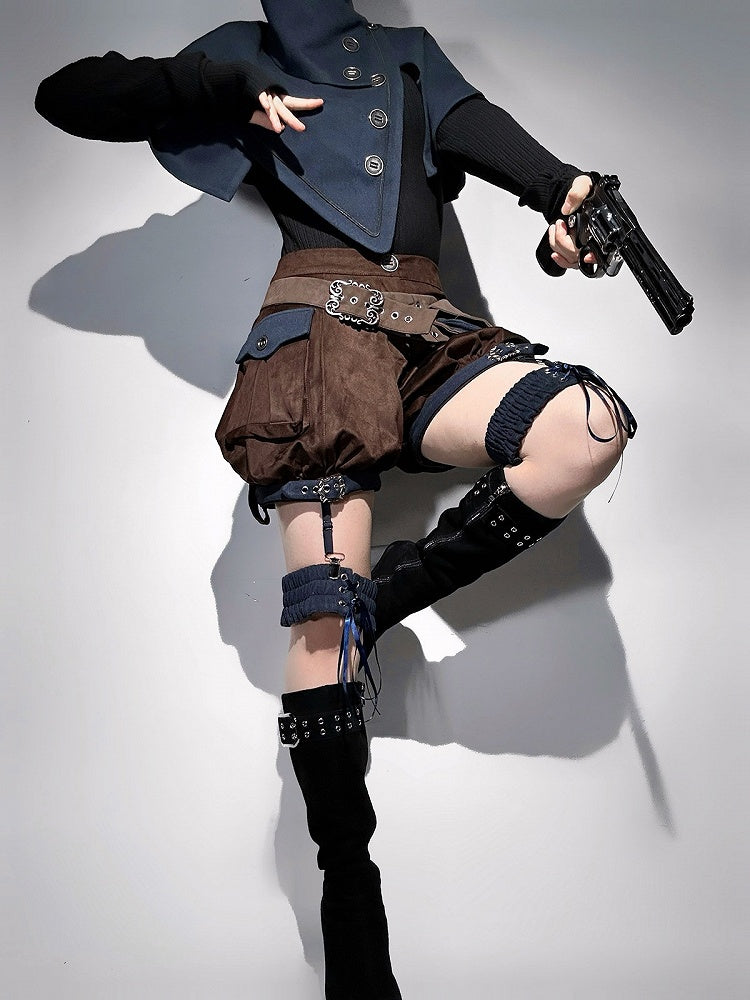 Ouji Lolita Knit Top Asymmetrical Cape Shorts Leg Rings Belt Scarf Outfit - Unknown Star