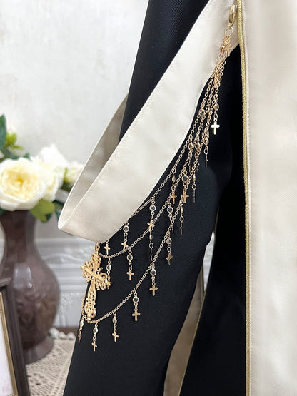 Schwarzer Ouji Lolita-Blazermantel mit Kreuzketten und Anhängern, Stola und Schwalbenschwanz