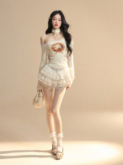 Lamm Print Taille Glamouröse Top Patches Apricot Off-the-Shoulder Spitzenausschnitt