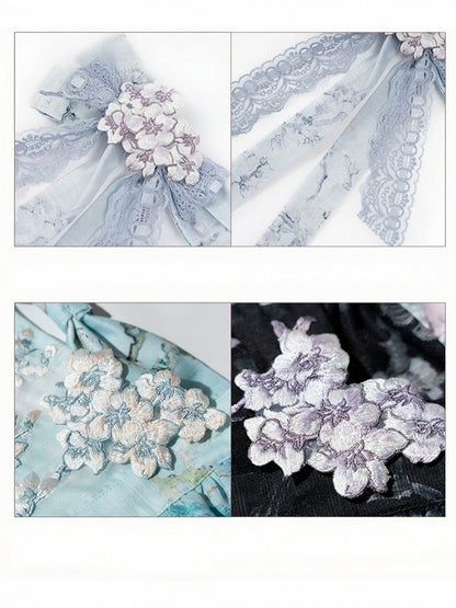 Bow Lace Trim Accessory Set with Floral Embroidered Hair Clips - Yimu Walnut