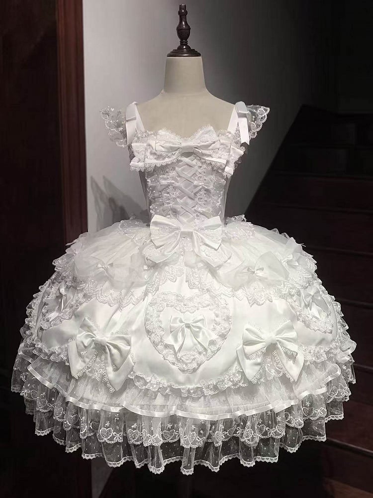 Bow JSK Princess Lolita Heart Full + Train with Doll-Style Lace Details White Veil / Pure Dress Big Set