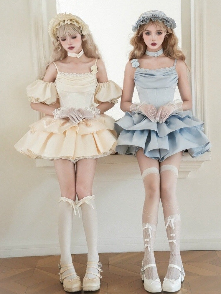 Set mit Stäbchen, JSK-Taille, volle Träger, elegantes blaues Kleid mit Ausschnitt, Wasserfallausschnitt, Spaghetti-Lolita