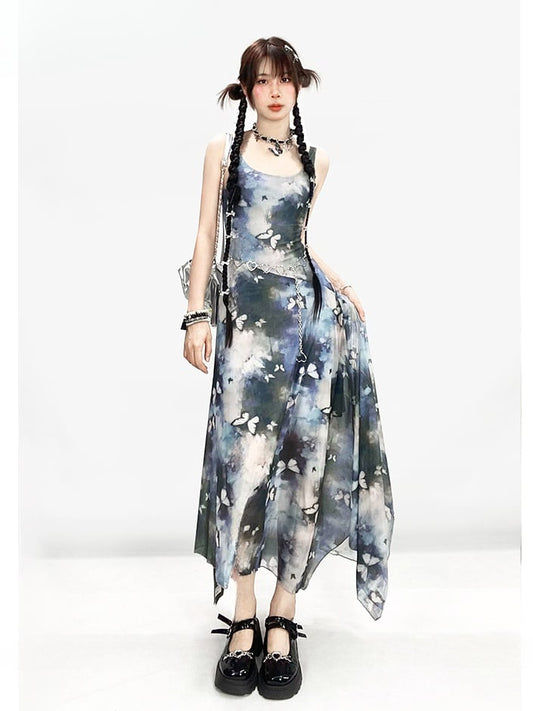 Y2K Vintage Blue Butterfly Print Oil Painting Slim-fitting Slip Dress